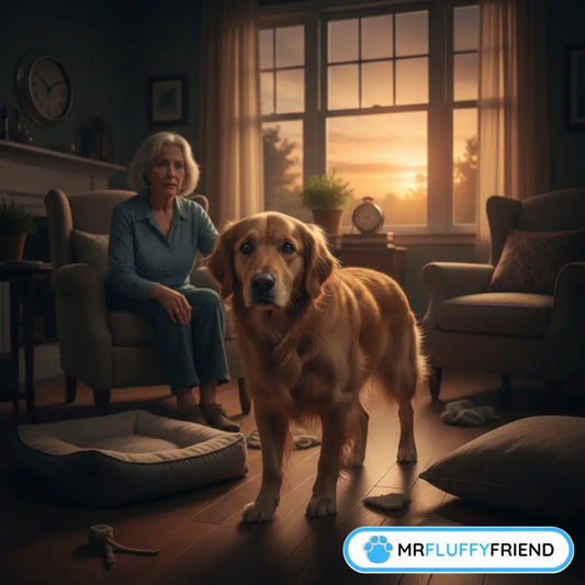 Senior Golden Retriever debout dans un salon au coucher du soleil, semblant confus, illustrant le syndrome du coucher du soleil chez les chiens.